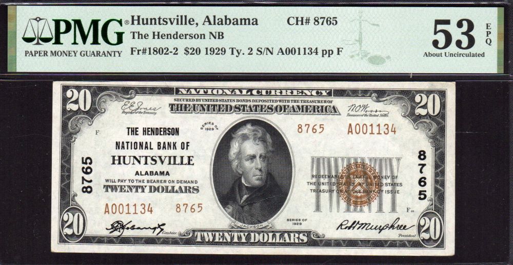 Huntsville, AL, 1929T2 $20, A001134, AU, PMG-53 EPQ